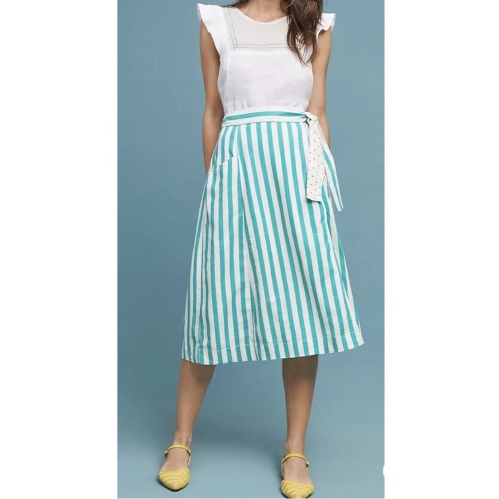 Anthropologie Teal and White Striped Midi Skirt